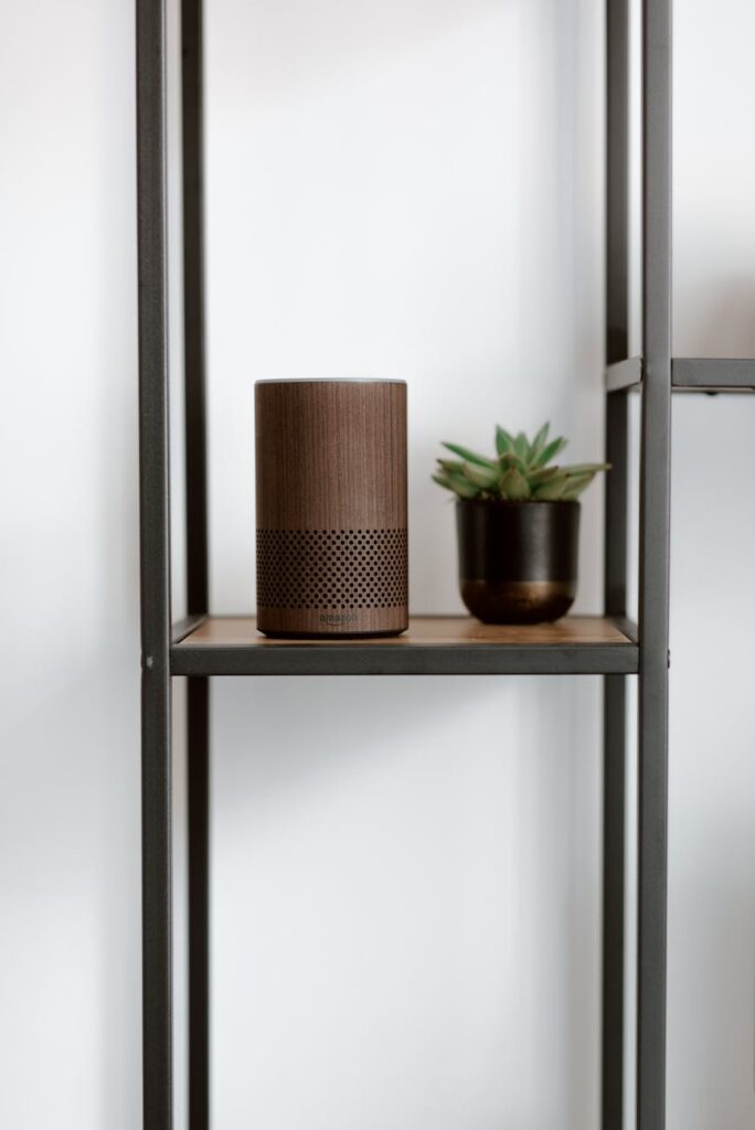 a brown speaker on the shelf