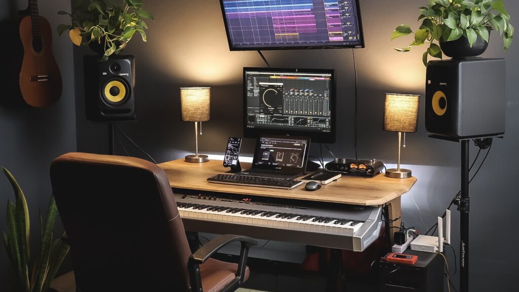 Studiomonitore am PC: Wann sie sich lohnen und wann nicht Heimstudio mit zwei Aktivmonitoren auf Ständern neben einem Schreibtisch