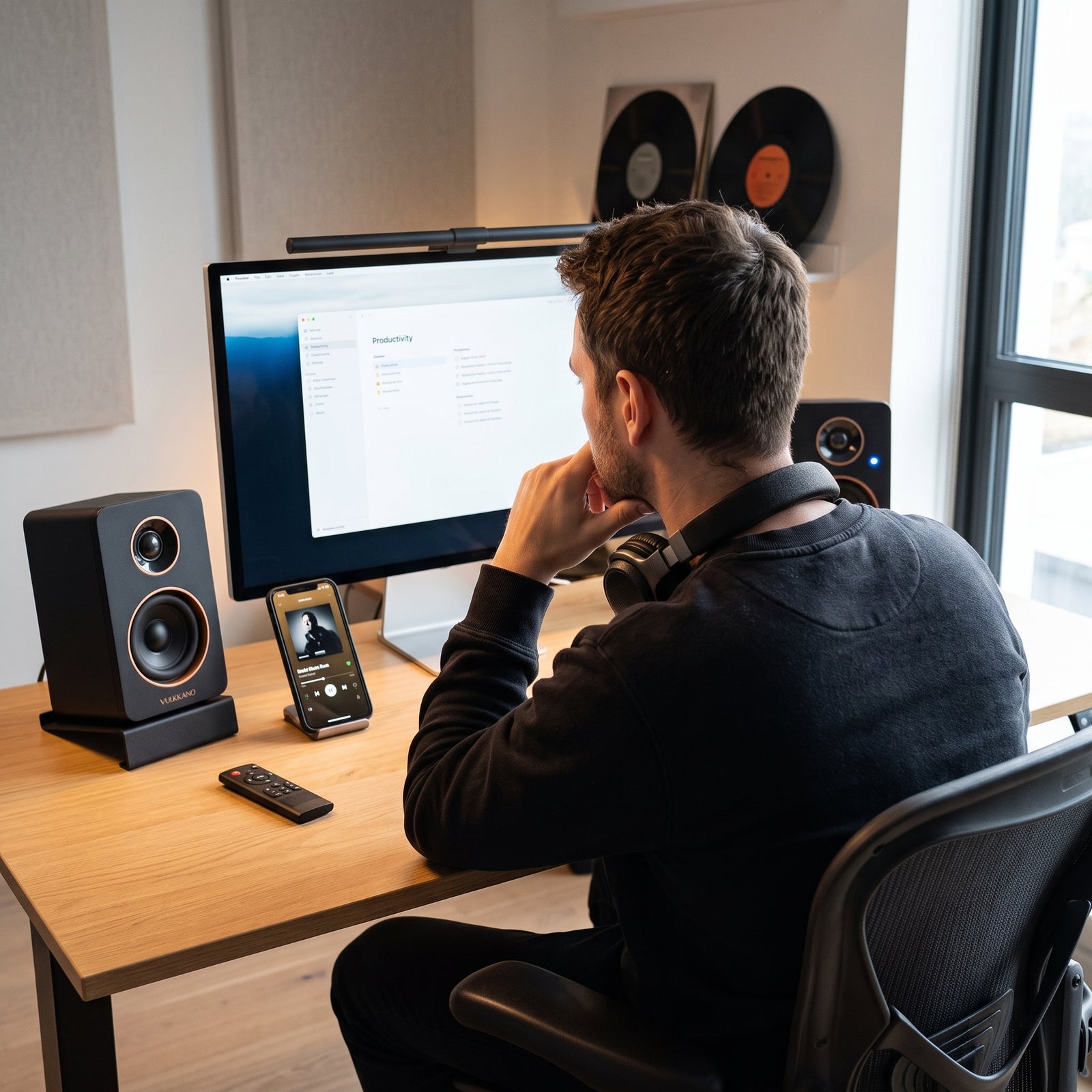 Mann am Schreibtisch mit Monitor, daneben ein kompakter Lautsprecher auf einem gewinkelten Tischstativ